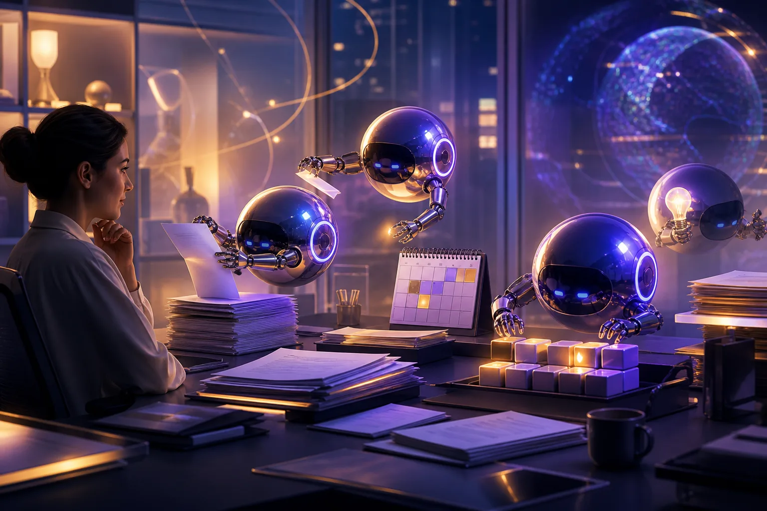 Futuristic visualization of AI agents working autonomously